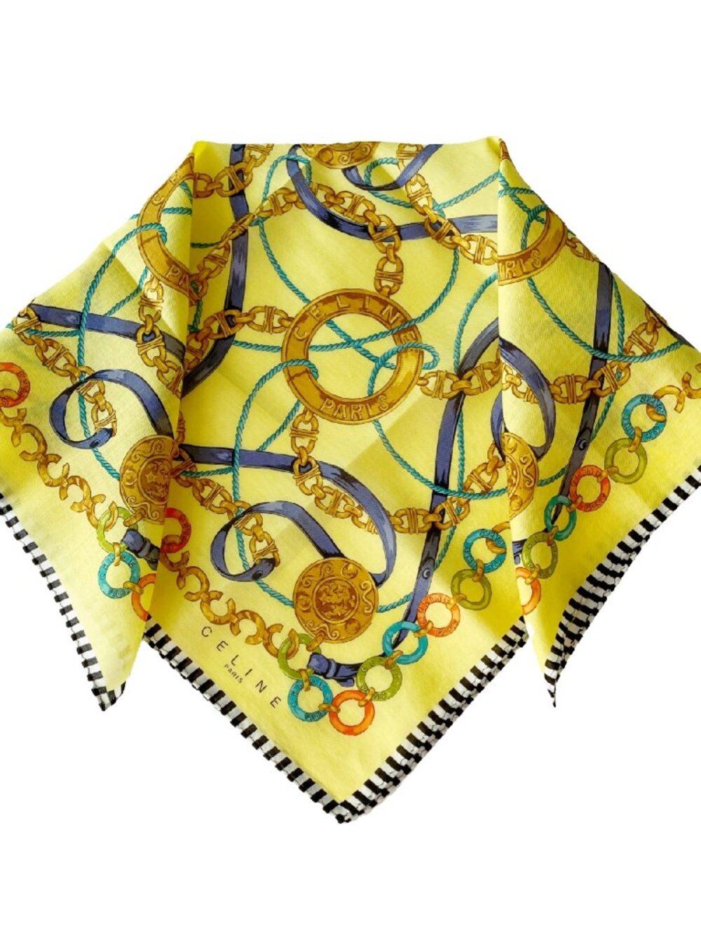 CELINE Paris Vintage Cotton Scarf | Chain & Medallion Print | 18" Square